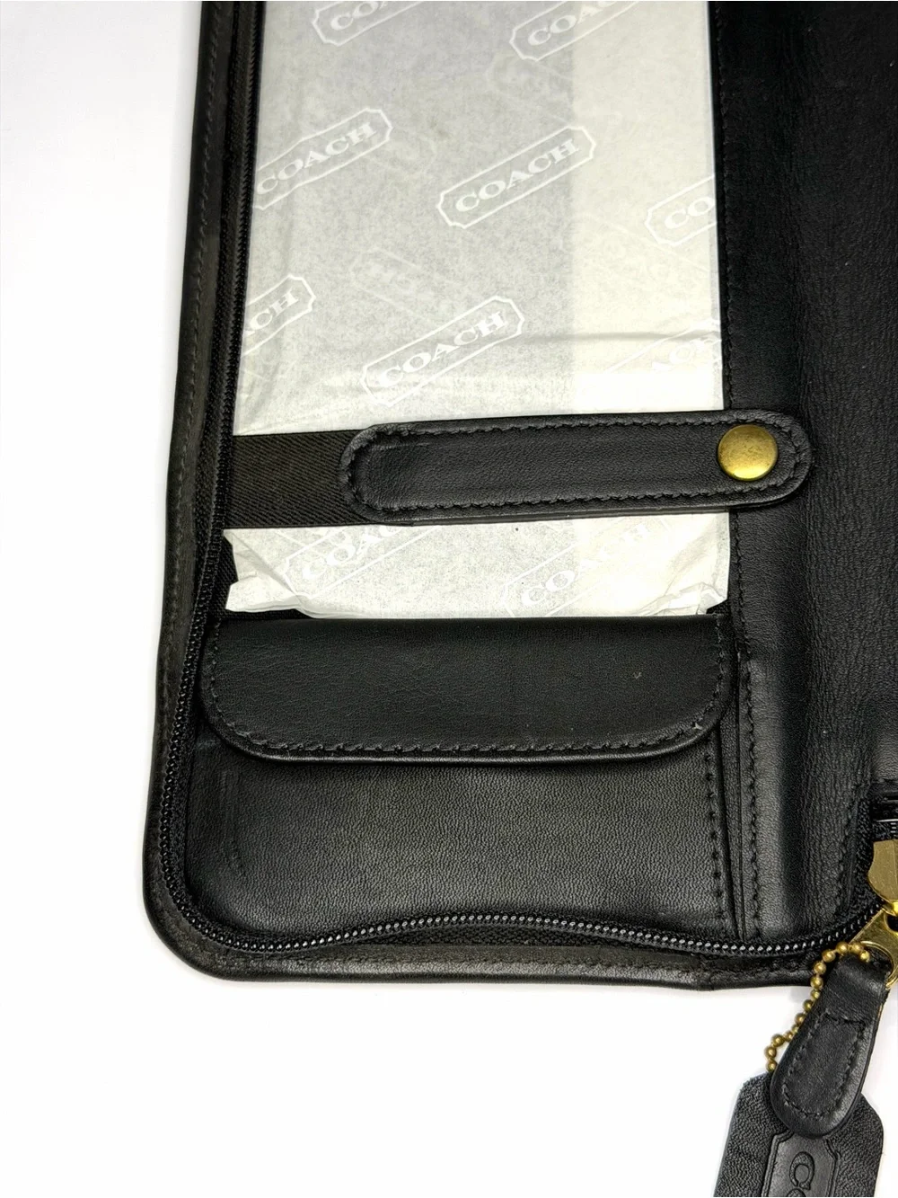 Coach Black Leather Travel Jewelry Roll with Brass Tag Chain